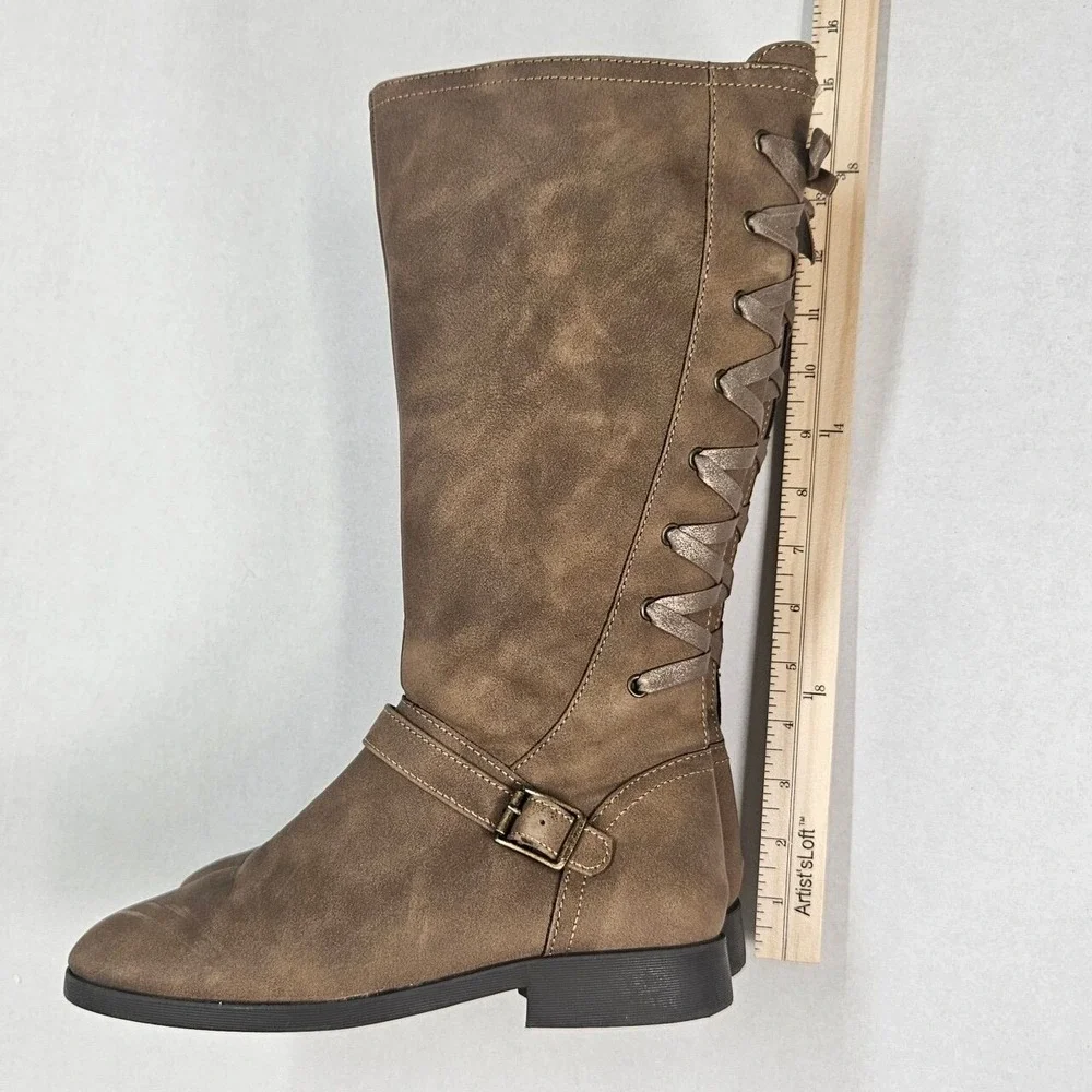 So Girls Brown Faux Suede Knee High Boots Lace Up Side Buckle Detail Size‎ 5